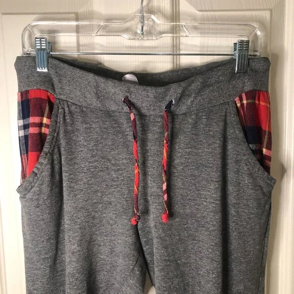 Messy Buns Lazy Days gray joggers with plaid drawstring and pockets size L - Picture 3 of 5